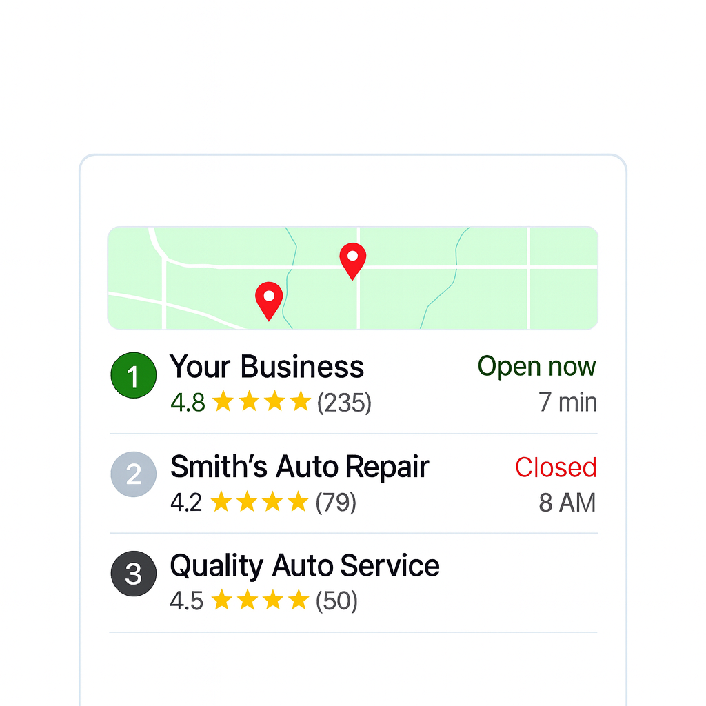 Google local pack mockup highlighting your business ranking first